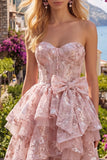 Princess Pink Sweetheart Sequin Corset Short Homecoming Dress with Bow