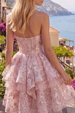 Princess Pink Sweetheart Sequin Corset Short Homecoming Dress with Bow