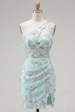 One Shoulder Mint Bodycon Sequin Appliqued Corset Homecoming Dress with Slit