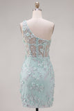One Shoulder Mint Bodycon Sequin Appliqued Corset Homecoming Dress with Slit