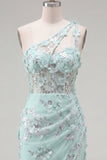 One Shoulder Mint Bodycon Sequin Appliqued Corset Homecoming Dress with Slit