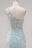 One Shoulder Mint Bodycon Sequin Appliqued Corset Homecoming Dress with Slit