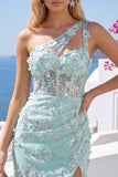 One Shoulder Mint Bodycon Sequin Appliqued Corset Homecoming Dress with Slit