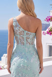 One Shoulder Mint Bodycon Sequin Appliqued Corset Homecoming Dress with Slit