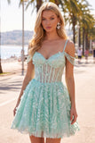 Mint A Line Cold Shoulder Corset Beaded Homecoming Dress