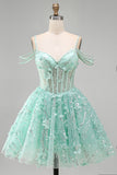 Mint A Line Cold Shoulder Corset Beaded Homecoming Dress