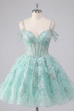 Mint A Line Cold Shoulder Corset Beaded Homecoming Dress
