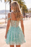 Mint A Line Cold Shoulder Corset Beaded Homecoming Dress