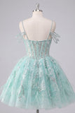 Mint A Line Cold Shoulder Corset Beaded Homecoming Dress