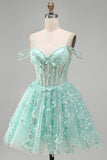 Mint A Line Cold Shoulder Corset Beaded Homecoming Dress