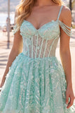 Mint A Line Cold Shoulder Corset Beaded Homecoming Dress