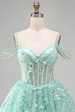 Mint A Line Cold Shoulder Corset Beaded Homecoming Dress
