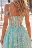 Mint A Line Cold Shoulder Corset Beaded Homecoming Dress