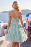Mint A Line Cold Shoulder Corset Beaded Homecoming Dress