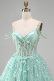 Mint A Line Cold Shoulder Corset Beaded Homecoming Dress