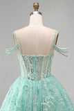 Mint A Line Cold Shoulder Corset Beaded Homecoming Dress