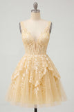 Corset A Line V Neck Lace Applique Butter Yellow Homecoming Dress