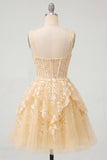 Corset A Line V Neck Lace Applique Butter Yellow Homecoming Dress