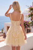 Corset A Line V Neck Lace Applique Butter Yellow Homecoming Dress