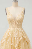 Corset A Line V Neck Lace Applique Butter Yellow Homecoming Dress