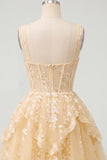Corset A Line V Neck Lace Applique Butter Yellow Homecoming Dress