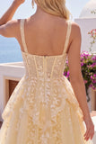Corset A Line V Neck Lace Applique Butter Yellow Homecoming Dress