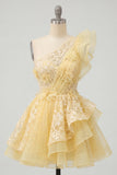 One Shoulder Ruffled Butter Yellow A Line Homecoming Dress with Appliques
