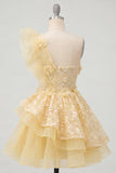 One Shoulder Ruffled Butter Yellow A Line Homecoming Dress with Appliques