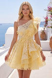 One Shoulder Ruffled Butter Yellow A Line Homecoming Dress with Appliques