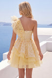 One Shoulder Ruffled Butter Yellow A Line Homecoming Dress with Appliques