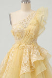 One Shoulder Ruffled Butter Yellow A Line Homecoming Dress with Appliques