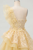 One Shoulder Ruffled Butter Yellow A Line Homecoming Dress with Appliques