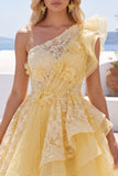 One Shoulder Ruffled Butter Yellow A Line Homecoming Dress with Appliques