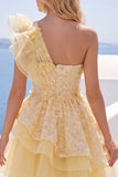One Shoulder Ruffled Butter Yellow A Line Homecoming Dress with Appliques