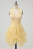 Butter Yellow Halter Applique A Line Homecoming Dress