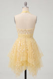 Butter Yellow Halter Applique A Line Homecoming Dress
