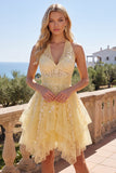 Butter Yellow Halter Applique A Line Homecoming Dress