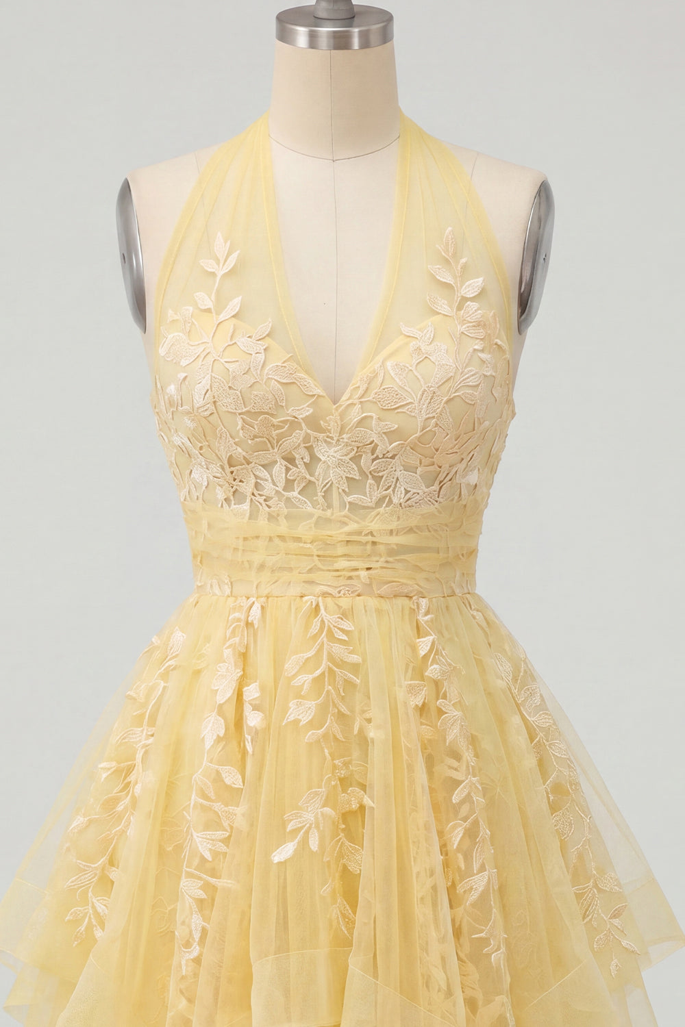 butter yellow hoco dress Butter Yellow Short Floral Round Neck Homecoming Dress with Sleeves