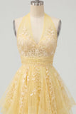 Butter Yellow Halter Applique A Line Homecoming Dress