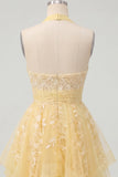 Butter Yellow Halter Applique A Line Homecoming Dress