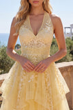 Butter Yellow Halter Applique A Line Homecoming Dress