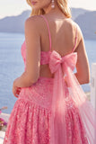 Hot Pink Applique Spaghetti Straps A Line Homecoming Dress with Bow