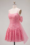 Hot Pink Applique Spaghetti Straps A Line Homecoming Dress with Bow
