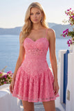 Hot Pink Applique Spaghetti Straps A Line Homecoming Dress with Bow