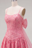 Hot Pink Applique Spaghetti Straps A Line Homecoming Dress with Bow
