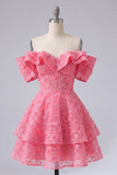 Off the Shoulder Ruffled A Line Applique Hot Pink Homecoming Dress