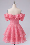 Off the Shoulder Ruffled A Line Applique Hot Pink Homecoming Dress