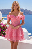 Off the Shoulder Ruffled A Line Applique Hot Pink Homecoming Dress