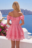 Off the Shoulder Ruffled A Line Applique Hot Pink Homecoming Dress