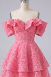 Off the Shoulder Ruffled A Line Applique Hot Pink Homecoming Dress
